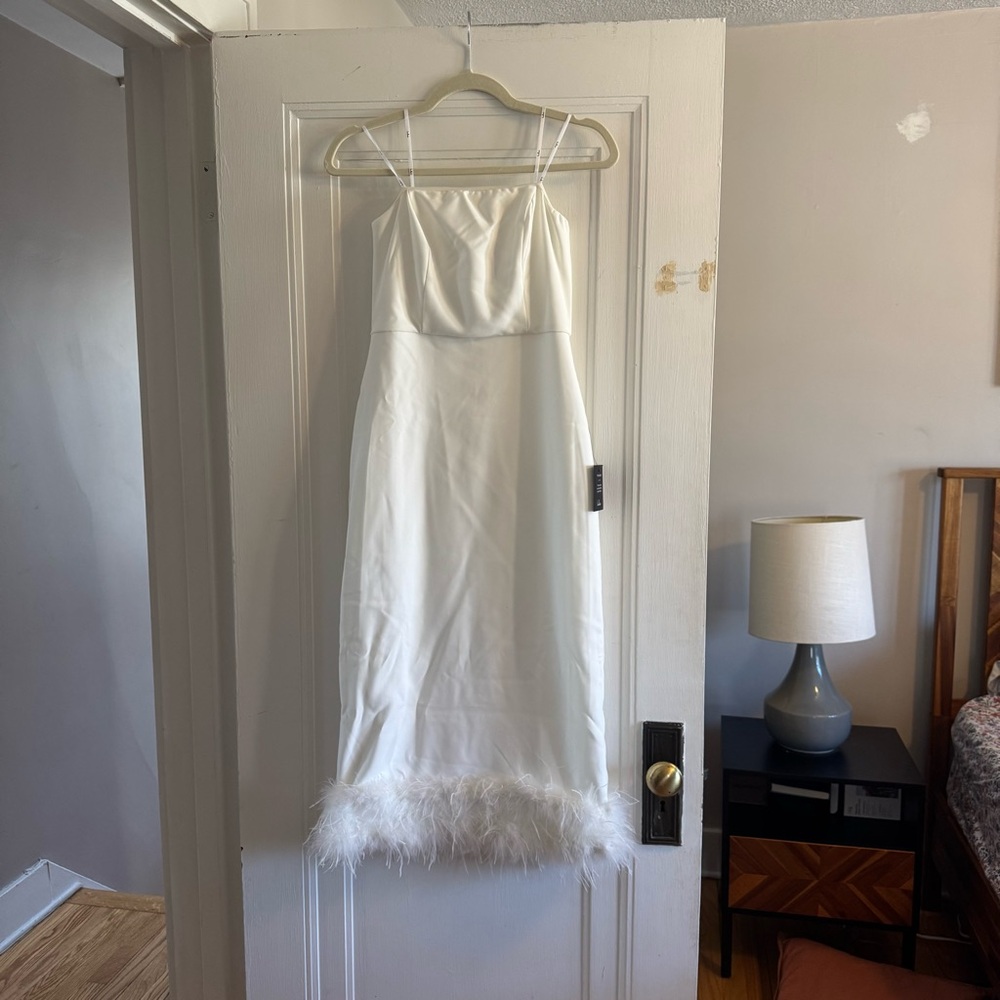 White Dress with Feather Hem Lulu’s
